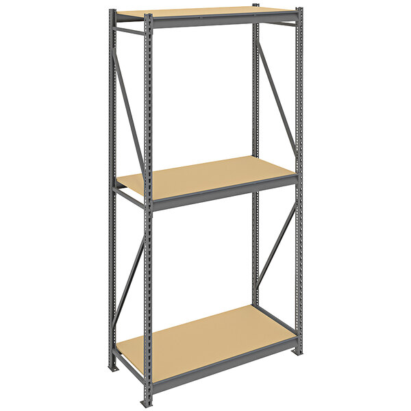 A dark gray metal Tennsco bulk storage rack shelving unit with two shelves.
