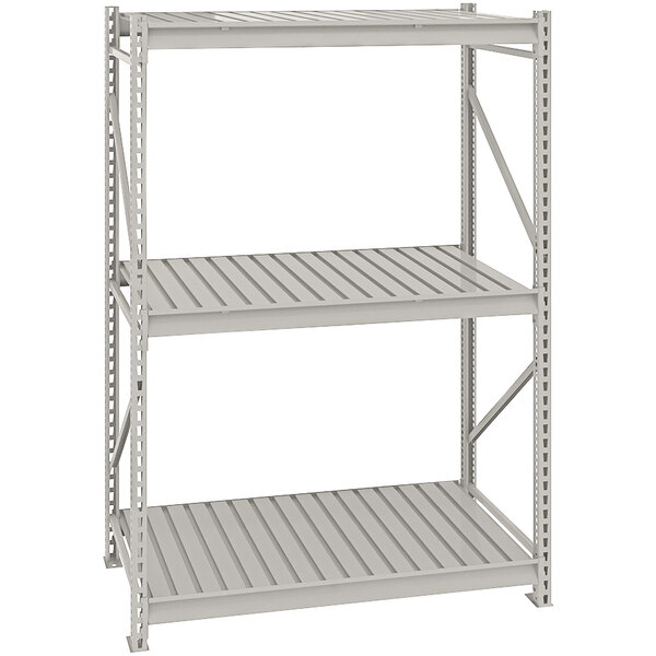 A light gray metal shelving unit with three shelves.