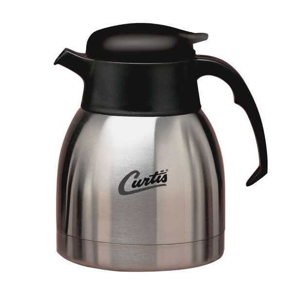 A silver stainless steel Curtis coffee server with a black lid.