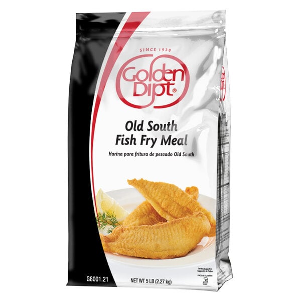 A black and red bag of Golden Dipt Old South Fish Fry Meal Mix on a white background.