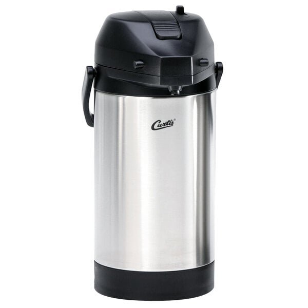 A stainless steel Curtis coffee container with a black lid.