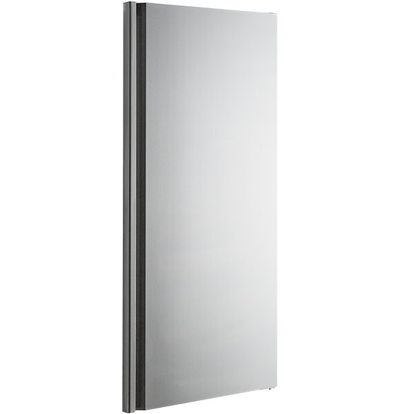 A stainless steel refrigerator door with a black handle.