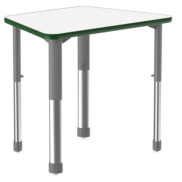 A white trapezoid table with metal legs and a green band.
