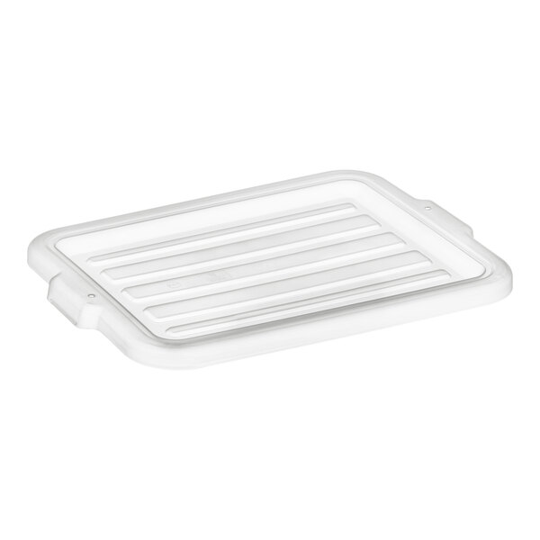 A clear polypropylene lid for a Vigor bus tub with a white background.