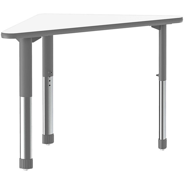 A white triangular Correll table with gray band and silver legs.