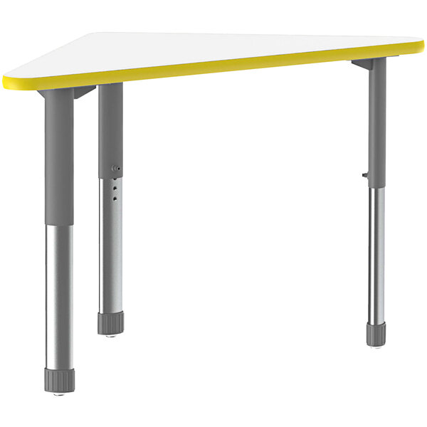A white triangular table with a yellow band and gray metal legs.