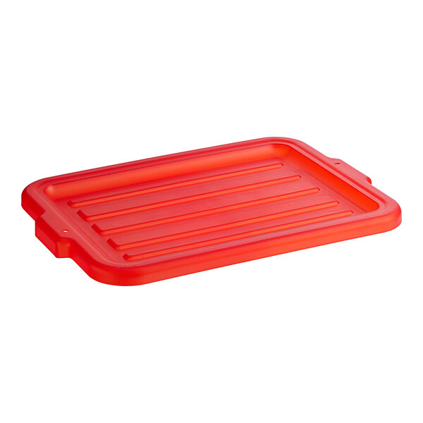 A red heavy-duty polypropylene lid for a Vigor bus tub.