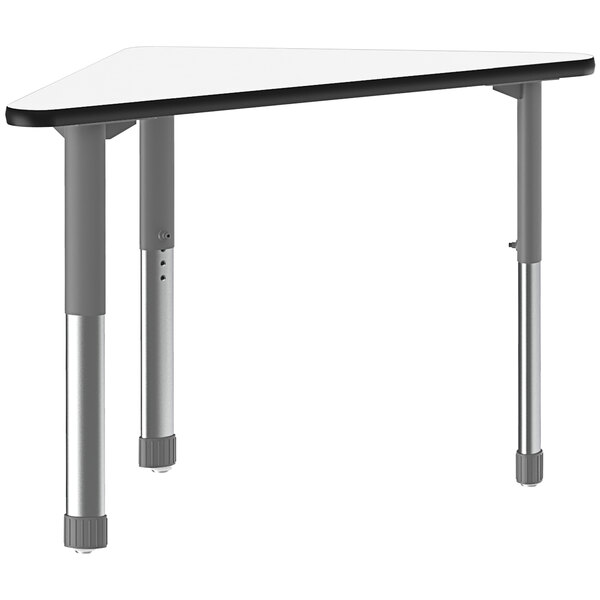 A white triangular Correll collaborative desk with black band and black legs.
