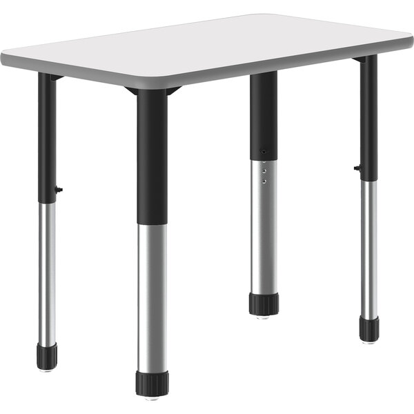 A white rectangular Correll desk with a gray band and black legs.