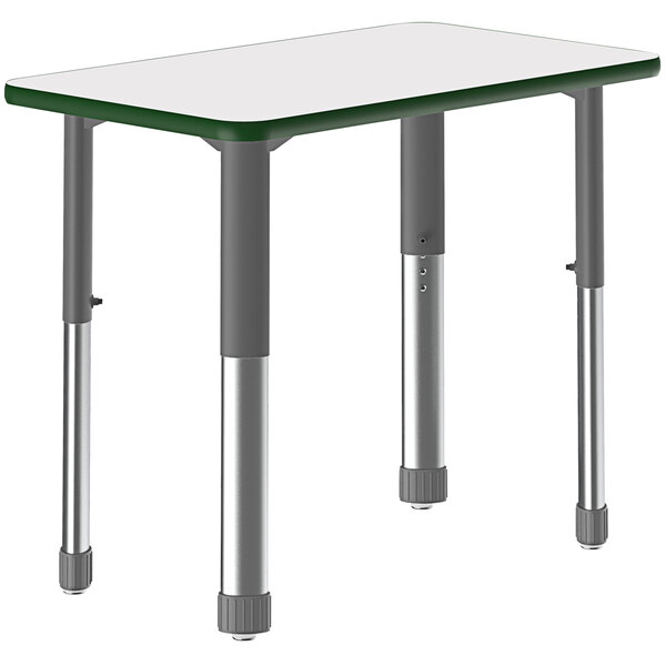 A white rectangular Correll table with a green border and metal legs.