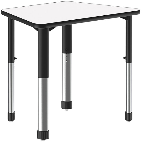 A white trapezoid table with black legs.