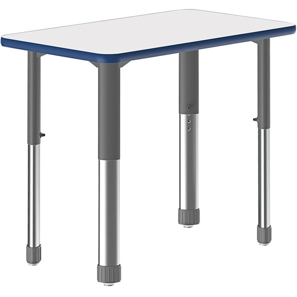 A white rectangular Correll table with a blue border and metal legs.