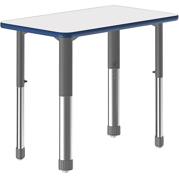 Correll 20″ x 32″ Rectangular White Finish 25″ – 35″ Adjustable Height High-Pressure Dry-Erase Top Collaborative Desk with Blue Band and Gray Legs