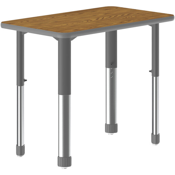 A rectangular Correll table with metal legs and a wooden surface.