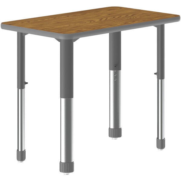 Correll 20″ x 32″ Rectangular Medium Oak 25″ – 35″ Adjustable Height Thermal-Fused Laminate Top Collaborative Desk with Gray Band and Gray Legs