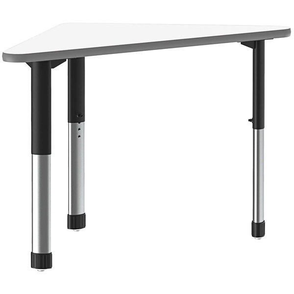 A white triangular table with a black metal leg.