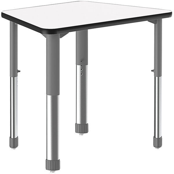 A white trapezoid table with gray metal legs.