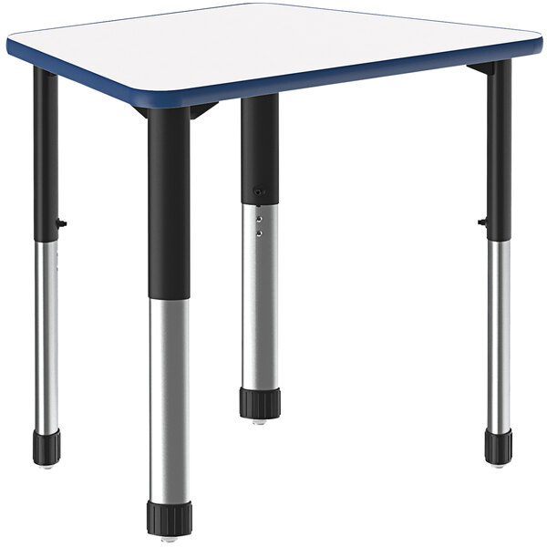 A white trapezoid table with a blue band and black legs.