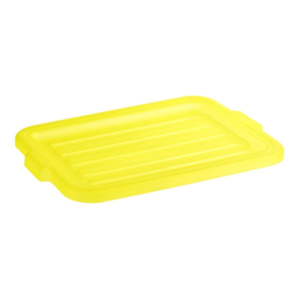 A yellow heavy-duty polypropylene lid on a yellow plastic bus tub.