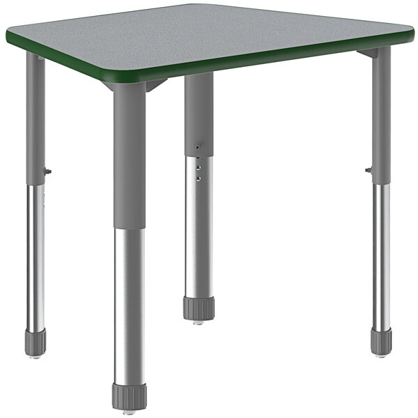A trapezoid gray laminate table with metal legs and a green and gray band.