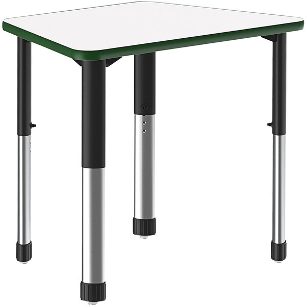 A white trapezoid table with a green band and black metal legs.
