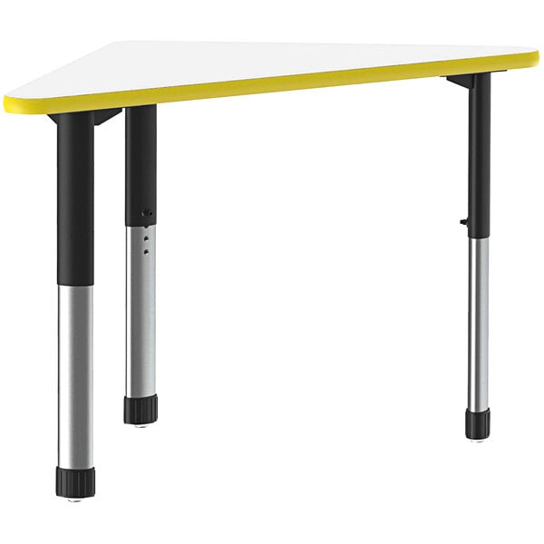 Correll 30″ x 41″ Triangular White Finish 25″ – 35″ Adjustable Height High-Pressure Dry-Erase Top Collaborative Desk with Yellow Band and Black Legs