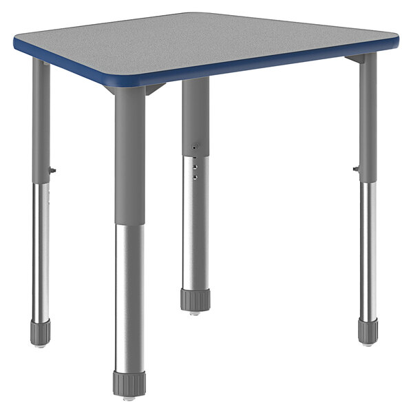 A trapezoid Correll table with gray legs and a blue band.