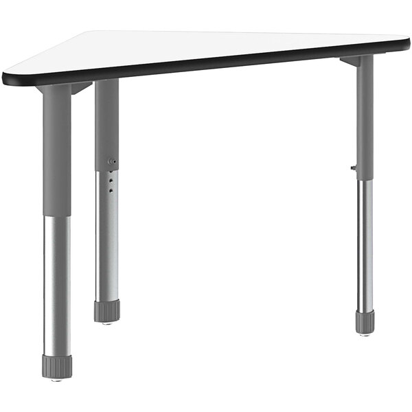 A white triangular Correll desk with black and gray metal legs.