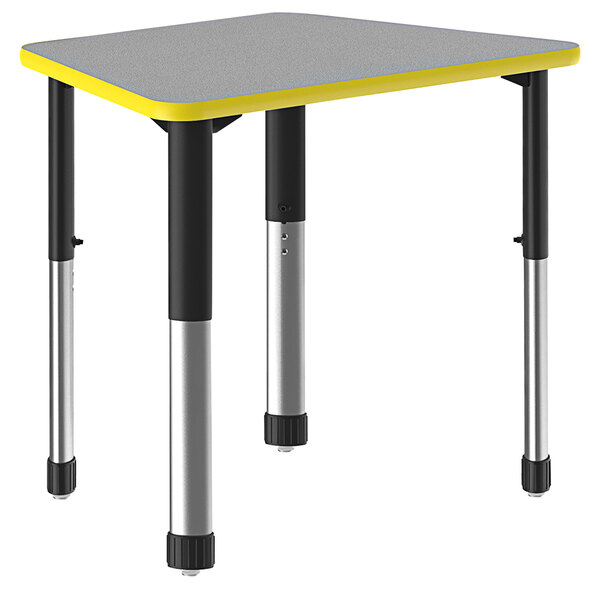 A Correll trapezoid desk with gray and yellow top and black legs.