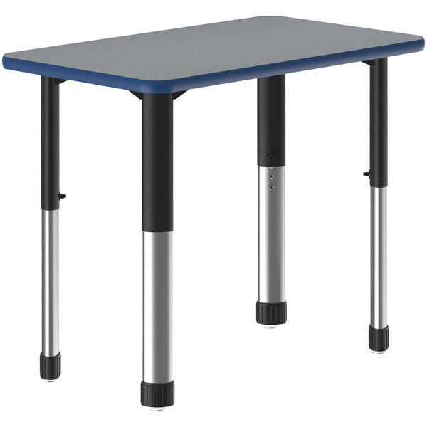 A grey rectangular table with a blue band and black legs.