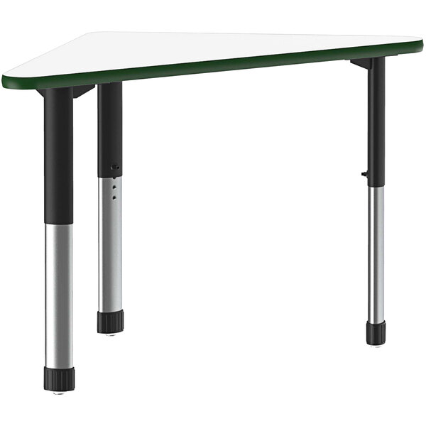 A white triangular table with black metal legs and a green band.