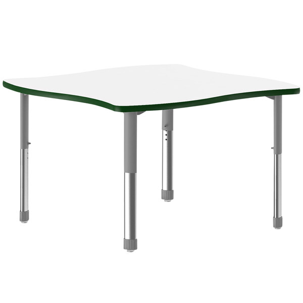 A white square Correll collaborative desk with a green band and gray legs.