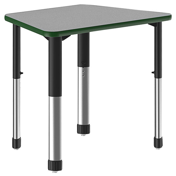 A trapezoid gray granite table with a green band and black metal legs.