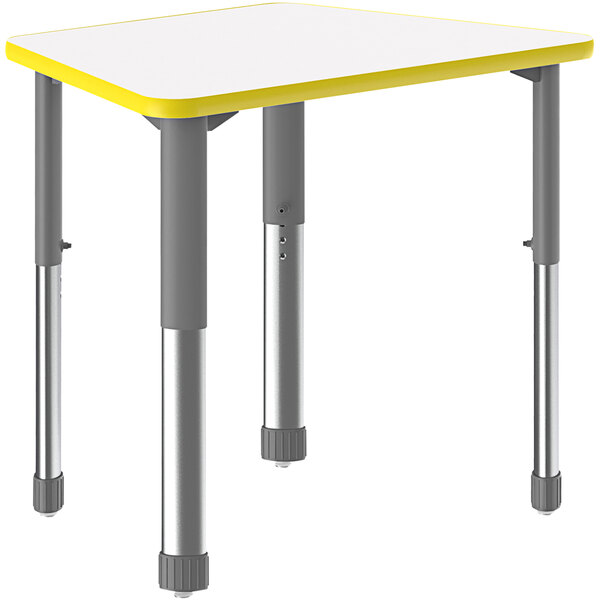 A white and yellow trapezoid-shaped Correll collaborative desk with metal legs.