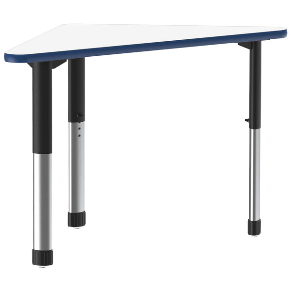 A triangular white Correll desk with black legs and a blue band.