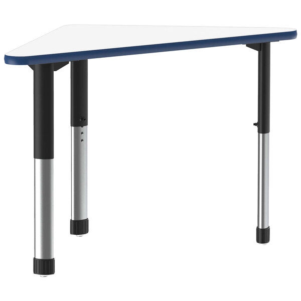 Correll 30″ x 41″ Triangular White Finish 25″ – 35″ Adjustable Height High-Pressure Dry-Erase Top Collaborative Desk with Blue Band and Black Legs
