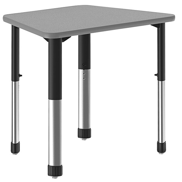 A trapezoid gray granite table with a gray band and black legs.