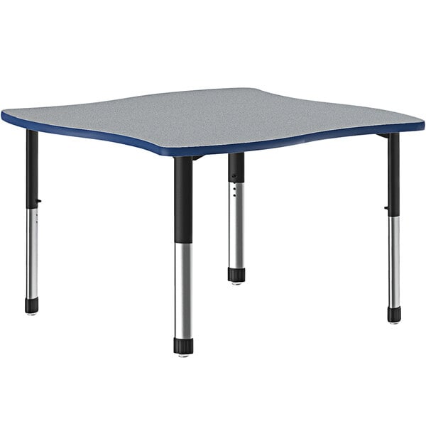 A rectangular grey table with a blue band and black legs.