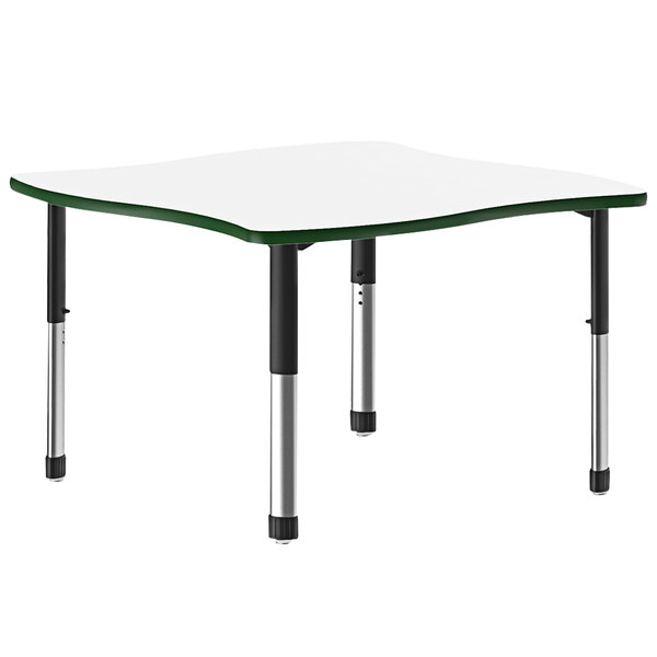A white rectangular Correll collaborative desk with a green dry-erase top and black legs.
