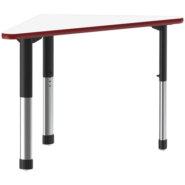 A white triangular Correll collaborative desk with red bands and black metal legs.