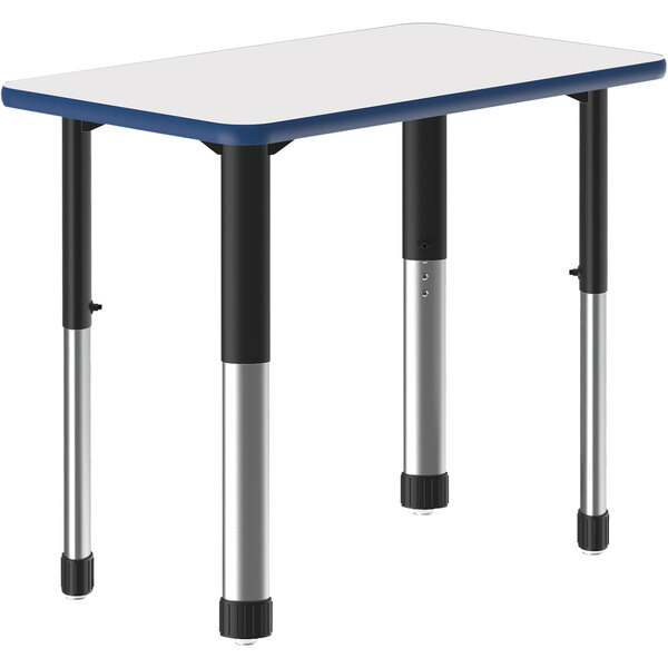 A white rectangular Correll collaborative desk with black legs and a blue border.