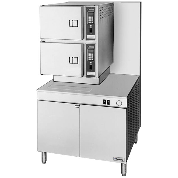 A large stainless steel Cleveland convection floor steamer.