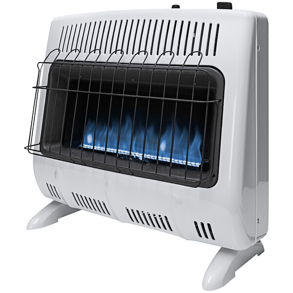 A white HeatStar natural gas heater with blue flames.