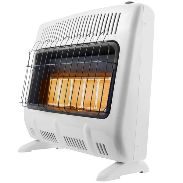 A white HeatStar infrared natural gas space heater with a black wire mesh grill on top.