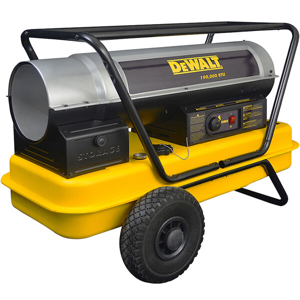 A yellow and black DeWalt forced air kerosene construction heater.