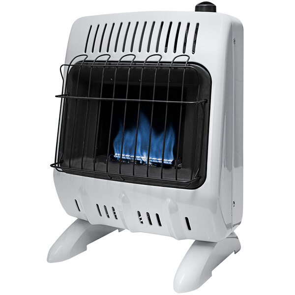 A white HeatStar liquid propane space heater with blue flames behind bars.