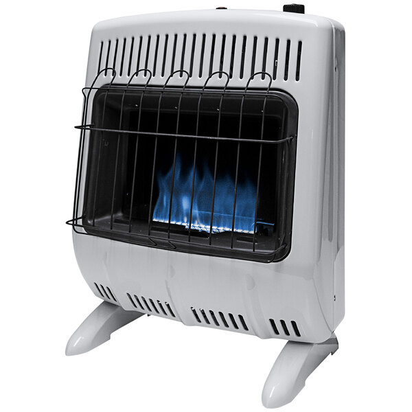 A white HeatStar vent-free propane heater with blue flames.