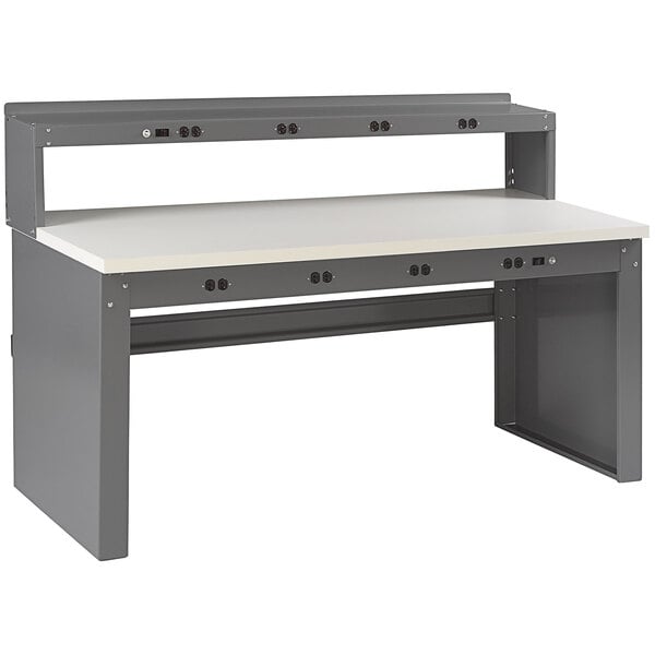 A grey workbench with a white plastic laminate top.