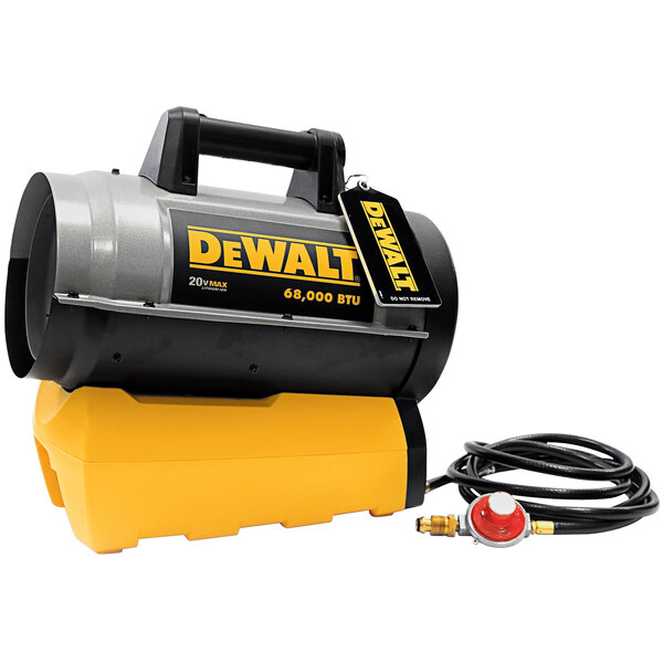 A black and yellow DeWalt cordless forced air liquid propane heater with a black hose.