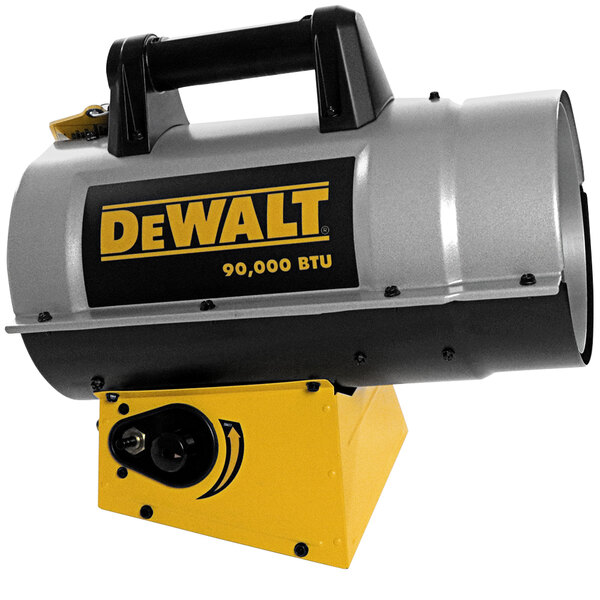 A black and yellow DeWalt forced air liquid propane heater in an outdoor catering setup.
